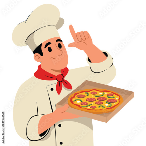 Chef packing pizza in box part of Italian fast food cuisine restaurant takeout delivery service vector illustration collection perfect for culinary design