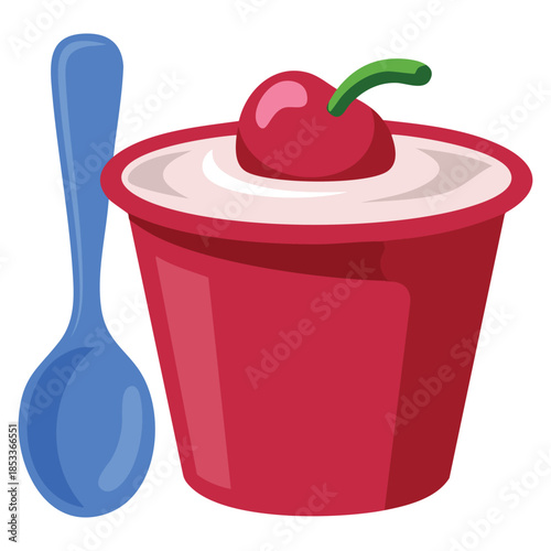Cherry yoghurt cream cup flat vector illustration with spoon suitable for fruit dessert dairy product breakfast fresh healthy food themed creative designs