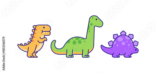 Adorable set of cartoon dinosaurs in different shapes and colors with friendly expressions. Flat vector illustration with bold outlines, perfect for kids designs, education, stickers