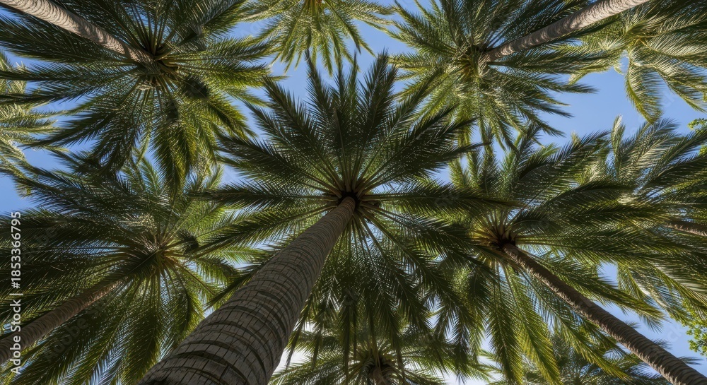 Fototapeta premium Tropical Canopy: A Perspective View of Palm Trees Reaching Towards the Sky