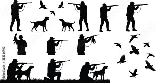 Black Silhouette Collection of Hunters with Dogs and Shotguns Aiming at Flying Birds Isolated on White Background for Outdoor Sports.