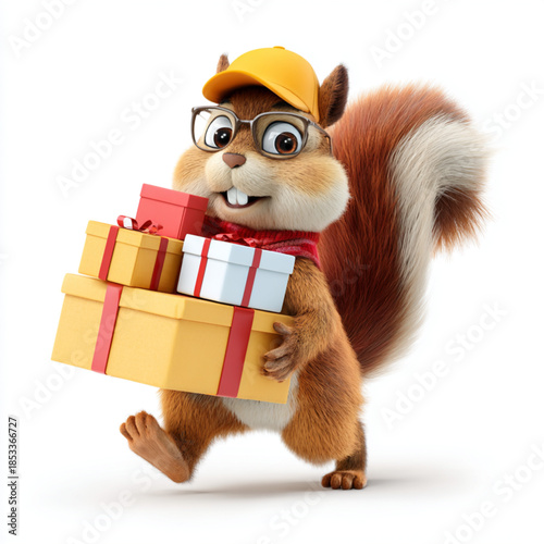 An adorable squirrel delivering gift boxes, a playful and heartwarming scene. The squirrel wears a hat and glasses, carrying stacked presents