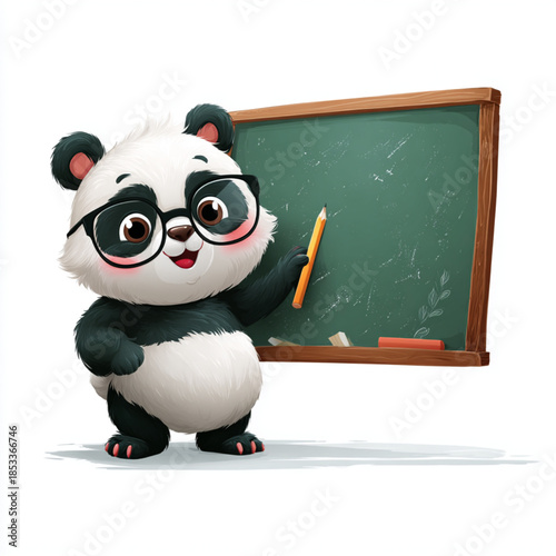 An adorable panda is standing in front of a chalkboard. The panda wears glasses and holds a pencil