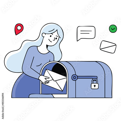 A woman throws an envelope into the mailbox postal service international communication interaction business and friendly correspondence line art flat vector illustration