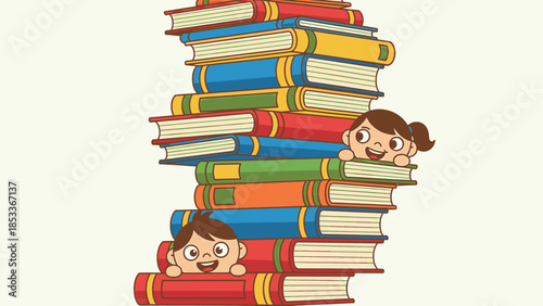 Curious kids exploring a colossal pile of vibrant books, a delightful symbol of childhood learning and literacy education