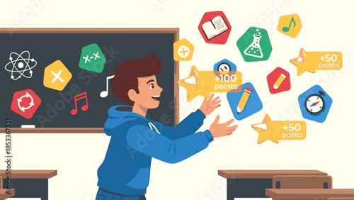 Student excelling in modern interactive learning, achieving academic success with gamified educational concepts