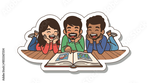 Happy diverse young adults bonding over a book, sharing laughter and stories together
