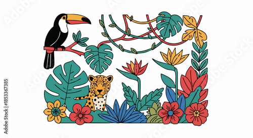Colorful jungle scene with toucan, leopard, and vibrant flora.