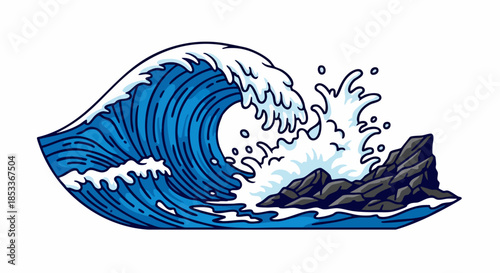 Dramatic illustration of a powerful ocean wave crashing on rocks.