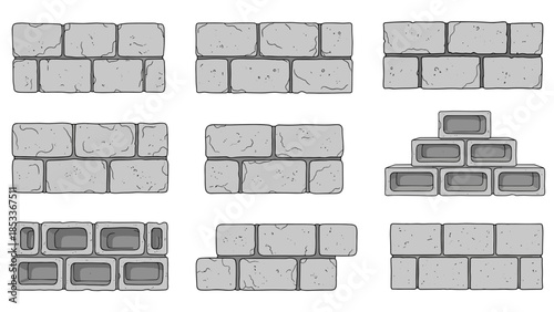 Collection of various brick wall illustrations in different styles