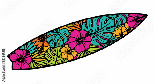 Colorful surfboard with tropical hibiscus flowers and monstera leaves.