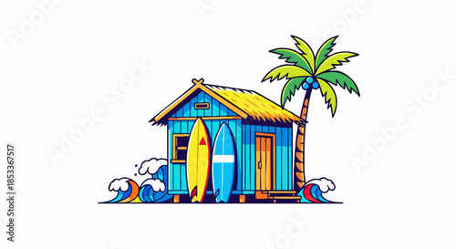 Beach hut with surfboards and palm tree, a perfect vacation spot.