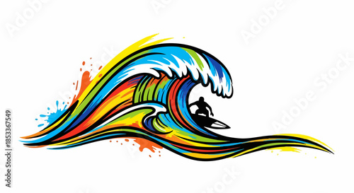Vibrant colorful wave with surfer silhouette, dynamic water sports art.
