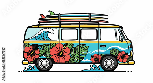 Retro surf van with hibiscus flowers and surfboards illustration.