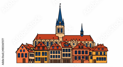 European Townhouses and Church Illustration.