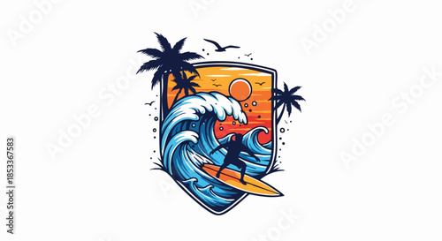 Surfer Riding a Wave with Palm Trees and Sunset in a Shield.