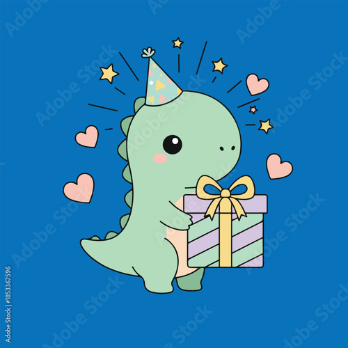 Cute dinosaur celebrating birthday with colorful gift and party hat
