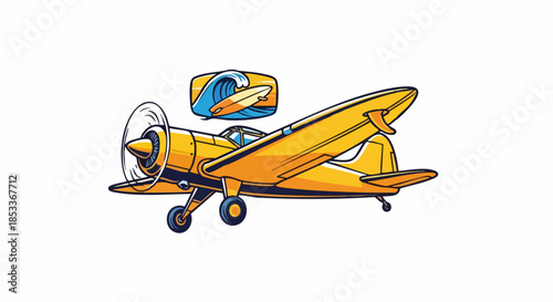 Hand drawn yellow vintage aircraft with pilot helmet.