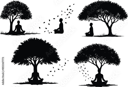 Meditation under trees vector illustration, peaceful nature silhouette art, mindfulness and tranquility concept, yoga pose design for wellness and calm backgrounds