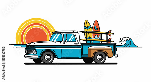 Vintage pickup truck with surfboards driving by ocean wave under sunset.