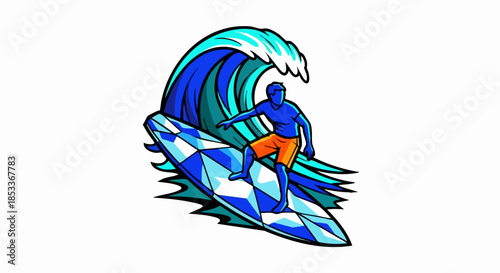 Dynamic illustration of a surfer riding a powerful blue ocean wave.