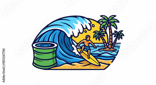 Surfer Riding Ocean Wave with Barrel on Tropical Beach.