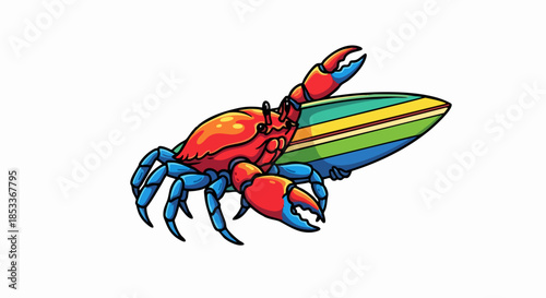 A vibrant red crab with blue claws holding a colorful surfboard.