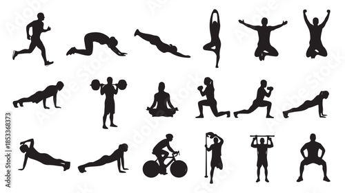 Black Silhouettes of People Exercising and Working Out in Various Poses