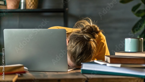 Wallpaper Mural Exhausted student slumped over laptop desk concept. Stressed student resting head on laptop amidst study materials. Torontodigital.ca