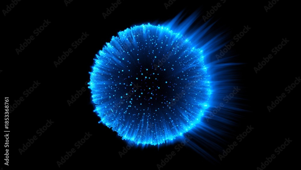 Fototapeta premium Blue particle sphere exploding, abstract energy nebula, glowing light orb creating digital data waves on black background