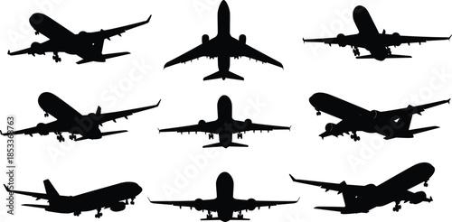 Airplane silhouettes, commercial aircraft, aviation vector, jet profiles, black and white icons, flight views, airline design, travel, transportation, grid layout