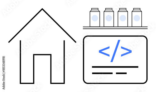 Smart home, coding, software development, storage organization, IoT concepts, and data management. Outline of a house, code symbol and jars on a shelf. Smart home and coding concepts