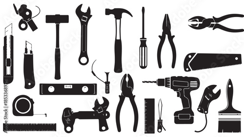 Black Tools and Equipment on White Background