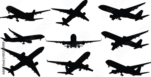 Airplane silhouettes, commercial aircraft, aviation icons, black and white vector, flying planes, jet profiles, airline design, travel, transportation, flight