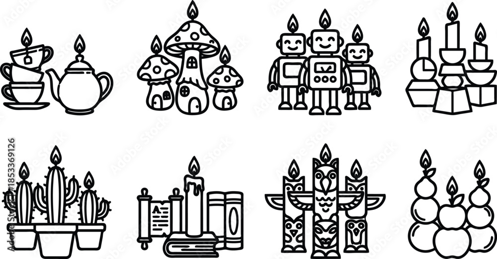 Fototapeta premium Black line icons of various candle objects and holders on white background
