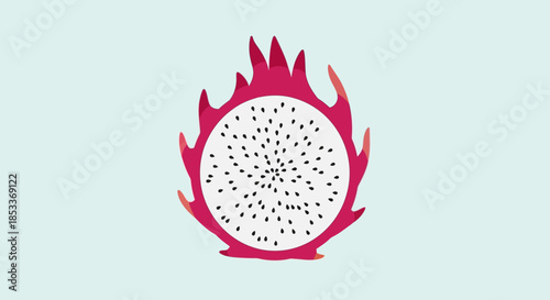 Vibrant pink dragon fruit surrounded by abstract flame design elements on light mint background, exotic fruit illustration with black seeds