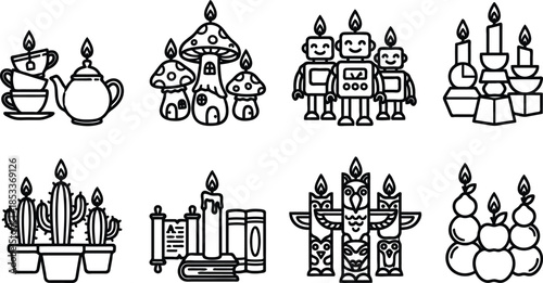 Black line icons of various candle objects and holders on white background