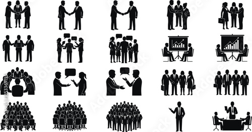 Business meeting silhouettes set illustrating handshake discussion teamwork presentation corporate collaboration leadership management communication isolated vector icon collection