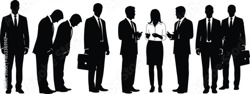 Business people silhouettes collection featuring professional men and women bowing talking and standing in formal suits for corporate networking and communication. (20 words)