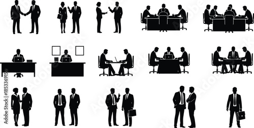Business people silhouettes set, corporate icons, meeting handshake, office desk work, teamwork, professional communication, management, leadership, collaboration, career, recruitment, networking