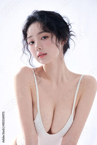 Beautiful Young Asian Woman in Minimalist Swimsuit Posing against Bright White Studio Background for Beauty and Skincare Concept