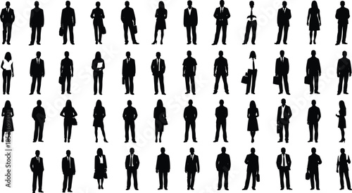 Business silhouettes, professional attire, corporate diversity, workforce illustration, black and white grid, office people, briefcase, formal pose, team concept, employment