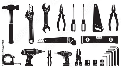 Black Tools and Equipment on White Background
