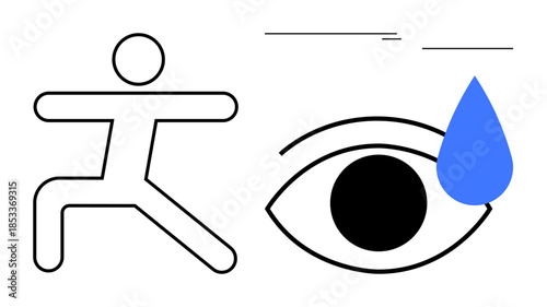 Human stick figure in yoga pose next to an abstract eye with a droplet, signifying balance, mindfulness, focus, calmness, mental health, personal growth, and harmony. Simple flat metaphor