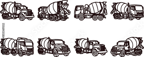 Cement mixer trucks in various positions and angles for construction site logistics