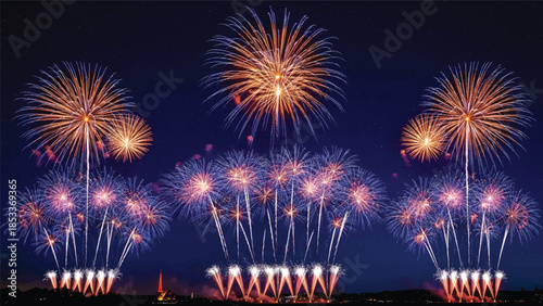 Vibrant fireworks exploding in the night sky with a dark blue background and bursts of orange, yellow, and pink hues.