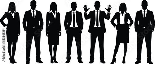 Business team, professional silhouettes, corporate group, leadership gesture, formal attire, teamwork concept, office illustration, black and white, workplace diversity, pose