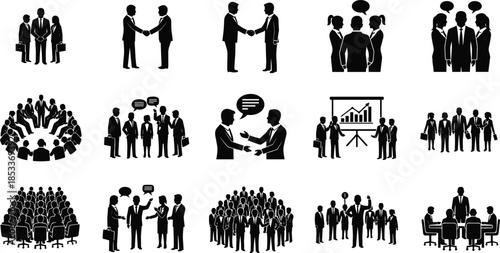 Business teamwork silhouettes collection showing meetings handshake discussion presentation collaboration corporate leadership management communication isolated vector icons set