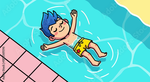 A happy boy with blue hair floats peacefully on his back in a swimming pool, enjoying a relaxing moment.