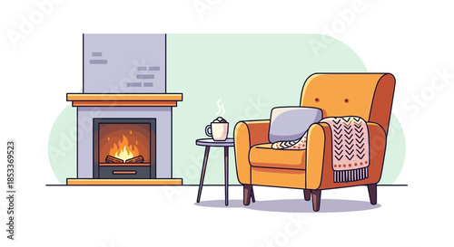 Cozy Armchair and Fireplace in a Warm Living Room Setting.